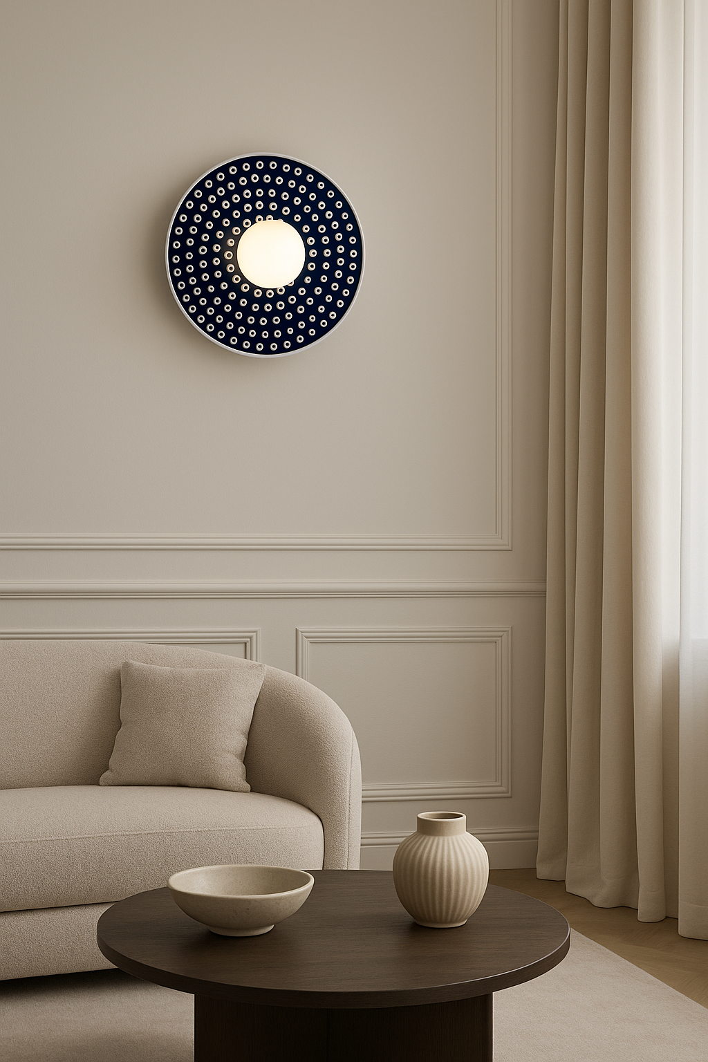 Mise en ambiance salon : applique allumée au-dessus d'un canapé beige et rideaux