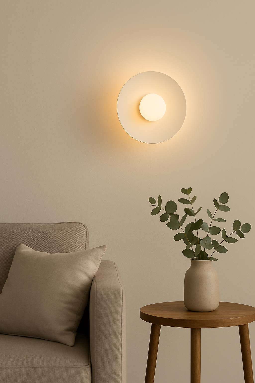 Mise en ambiance chaleureuse avec applique murale allumée au-dessus d'un canapé beige.