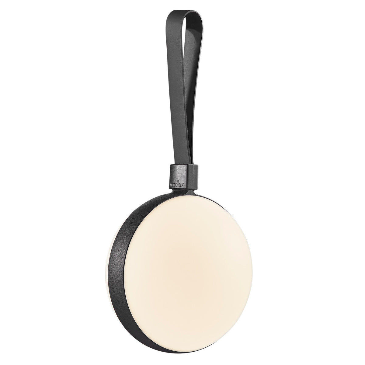 Vue de face de la lampe ronde avec lanière noire et diffuseur blanc.