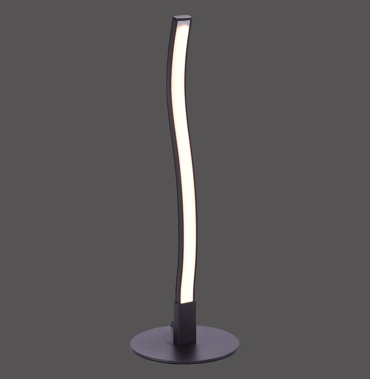 Lampe à poser noire incurvée, diffuseur LED blanc, base ronde, fond gris.