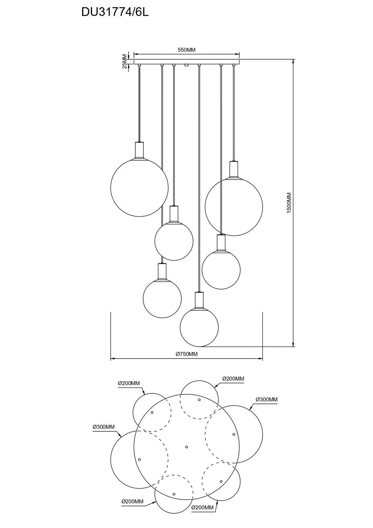 Schéma technique coté du plateau et des dimensions du luminaire à six globes
