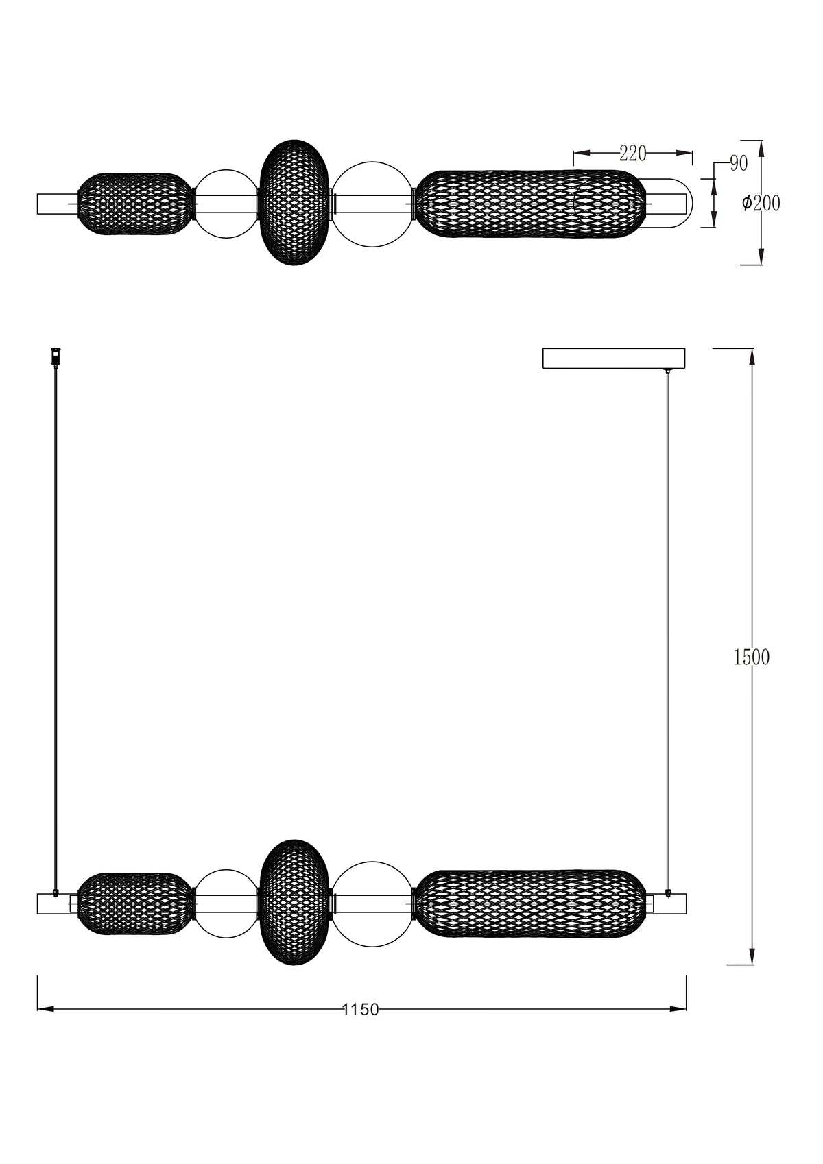 Suspension Saar noire mat et dorée, verre, P 115 cm