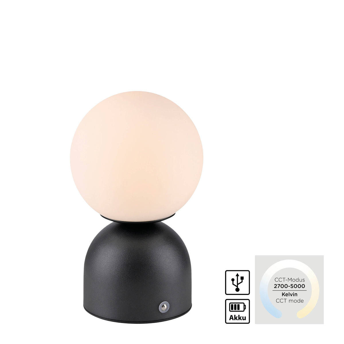 Lampe avec pictogrammes Akku et USB, indication température de couleur 2700-5000 Kelvin