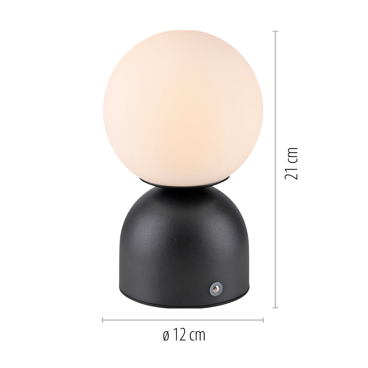 Lampe de face avec schéma coté, hauteur 21 cm et diamètre 12 cm