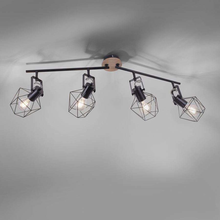 Plafonnier Jaro 4 lumières noir et bois