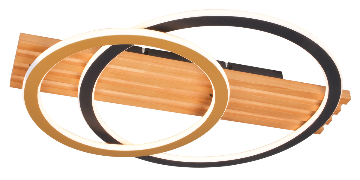 Produit de face, plafonnier doré et noir à deux anneaux entrelacés sur base bois