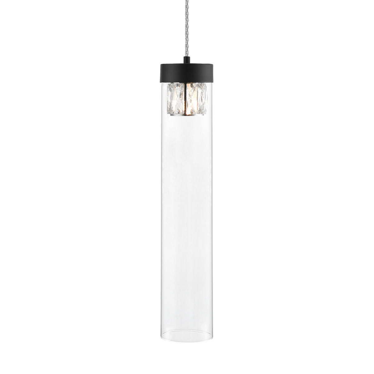 Suspension cylindrique en verre transparent avec capuchon noir mat, vue de face