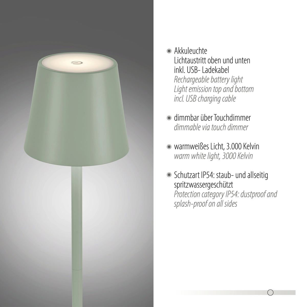 Détail du dessus de l'abat-jour avec variateur tactile et mentions techniques