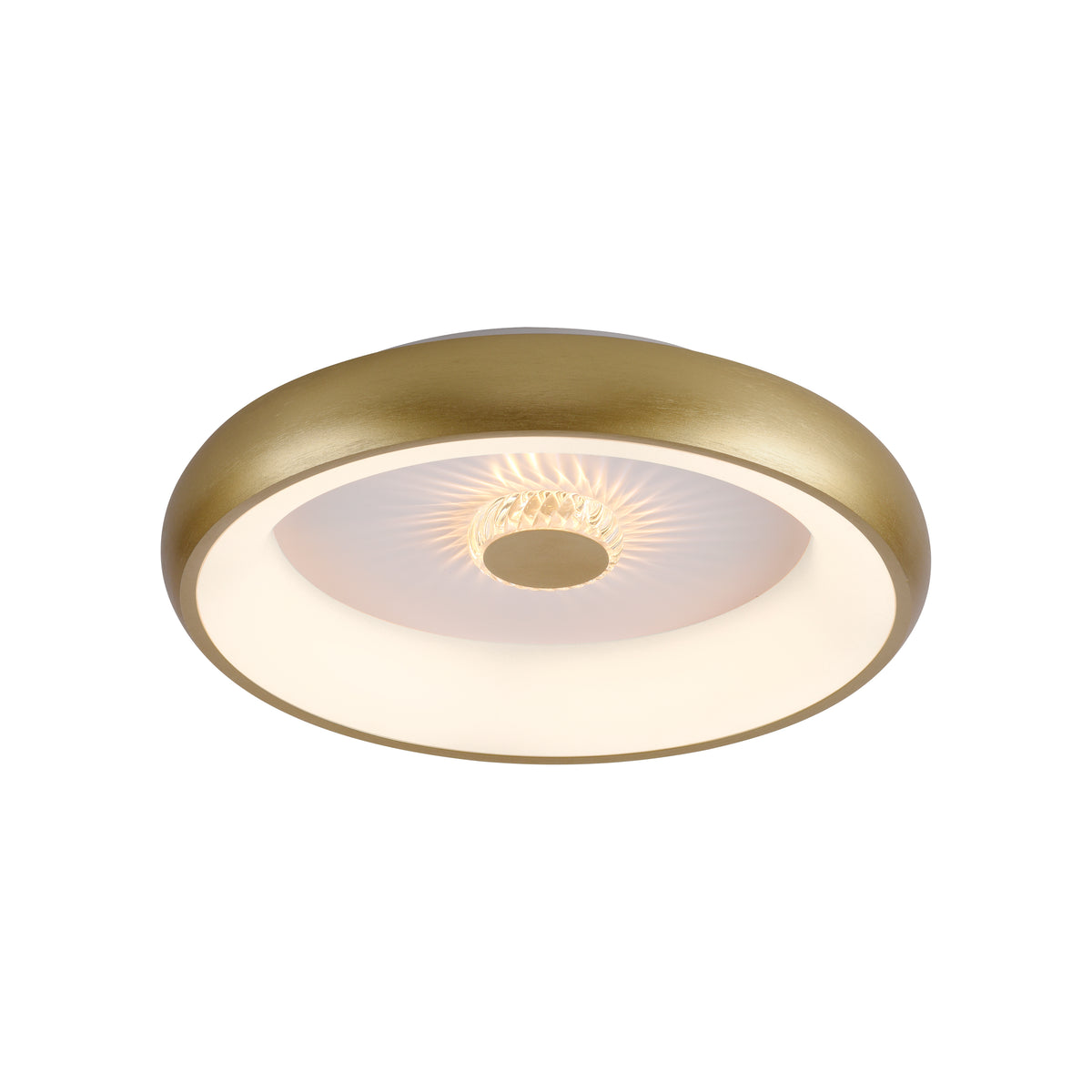 Vue de face du plafonnier rond en laiton mat avec diffuseur blanc allumé.