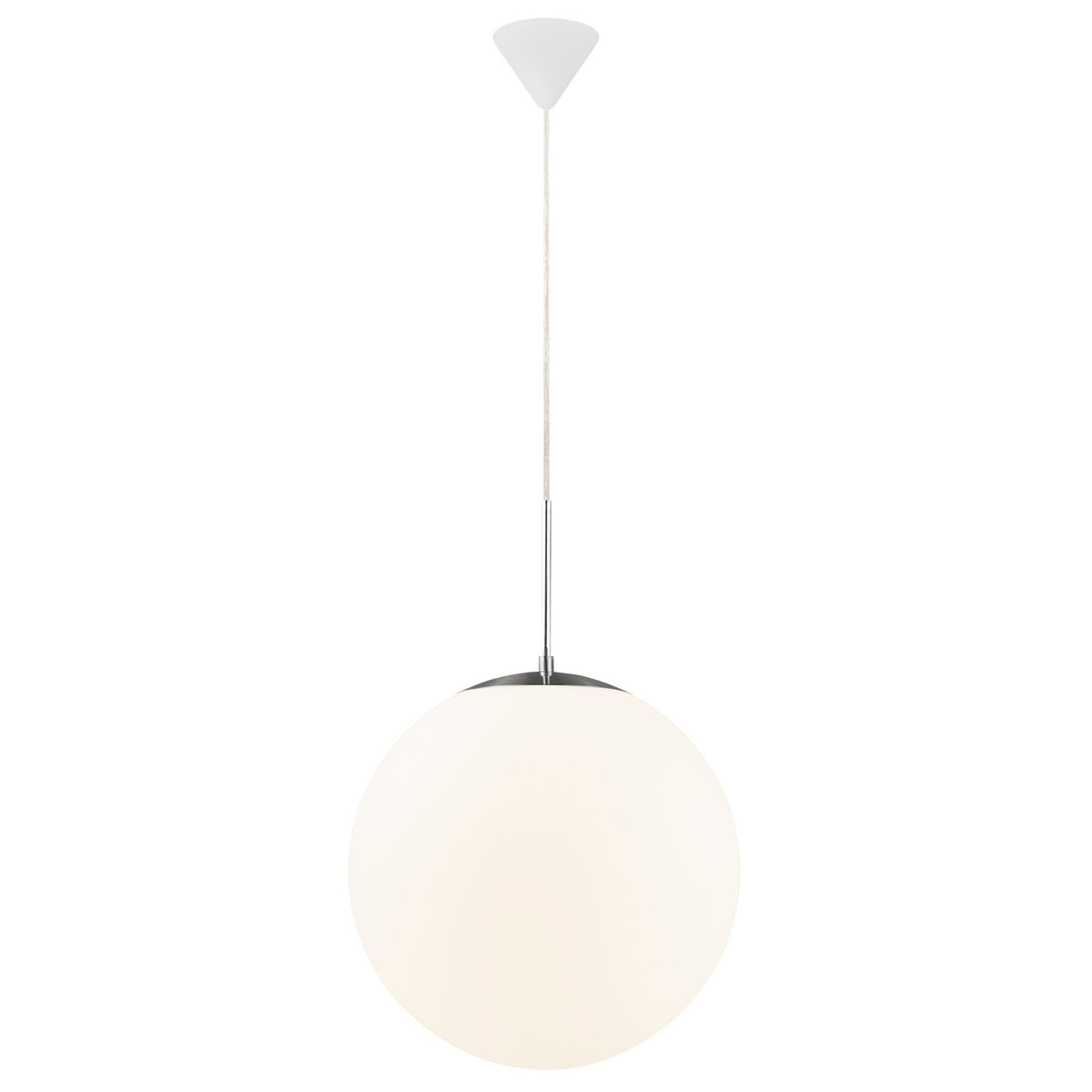 Vue d'ensemble du luminaire suspendu avec câble et rosace conique blanche