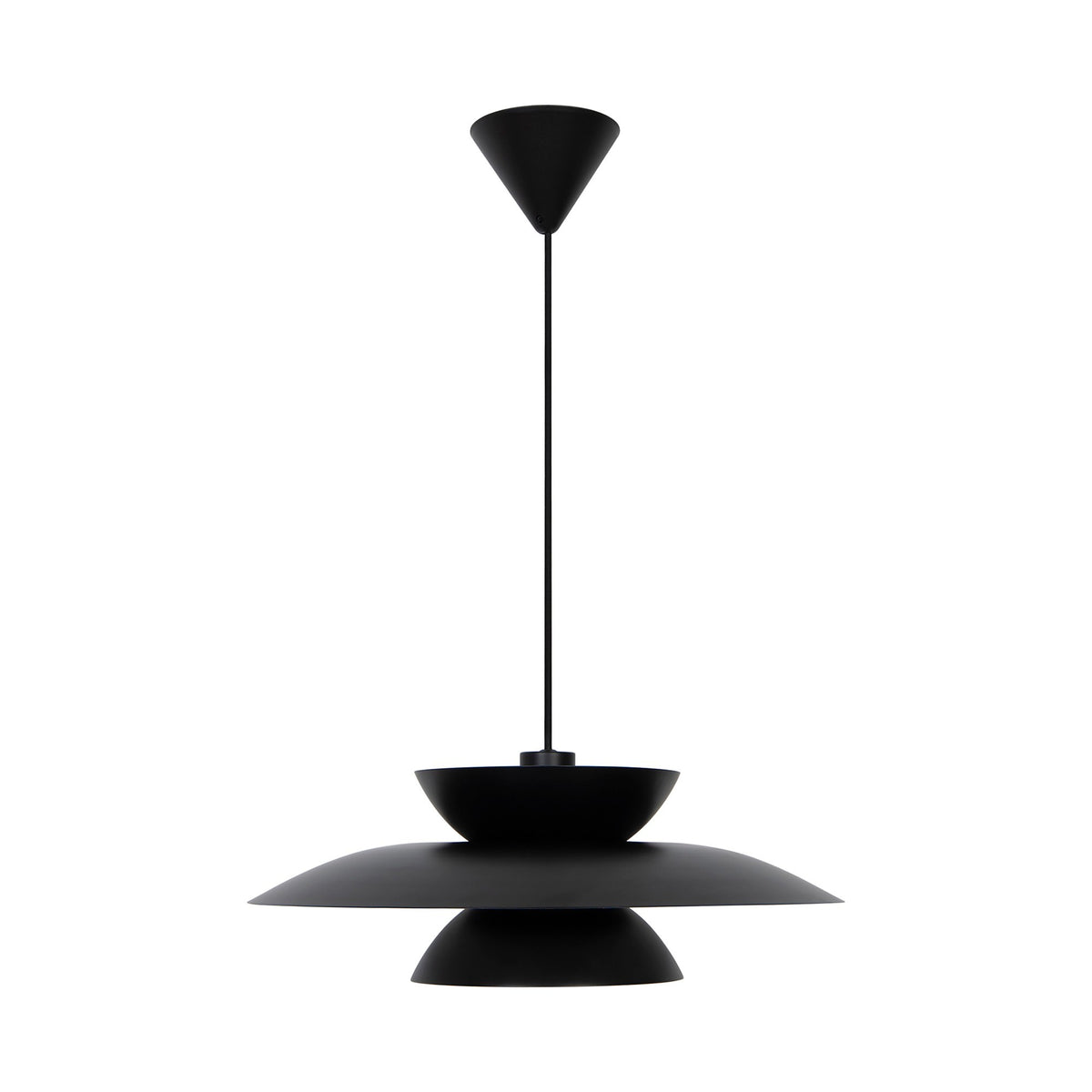 Profil du luminaire noir éteint, superposition des trois éléments métalliques dépoli