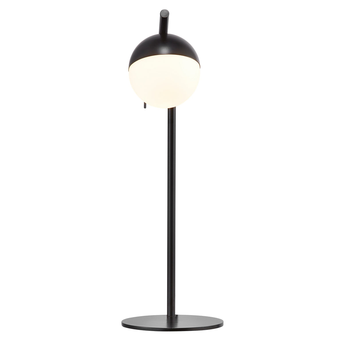 Vue de face de la lampe à poser avec sphère en verre opalin et tige verticale.