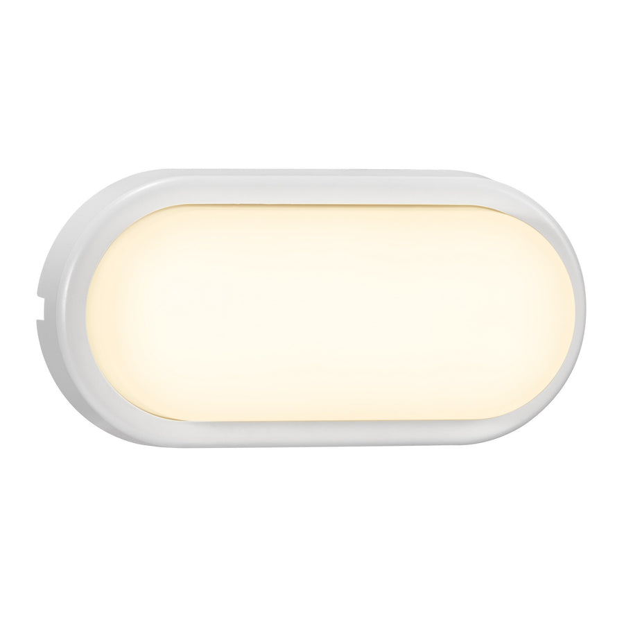 Applique extérieure blanche vue de face, forme ovale allongée et lumière chaude