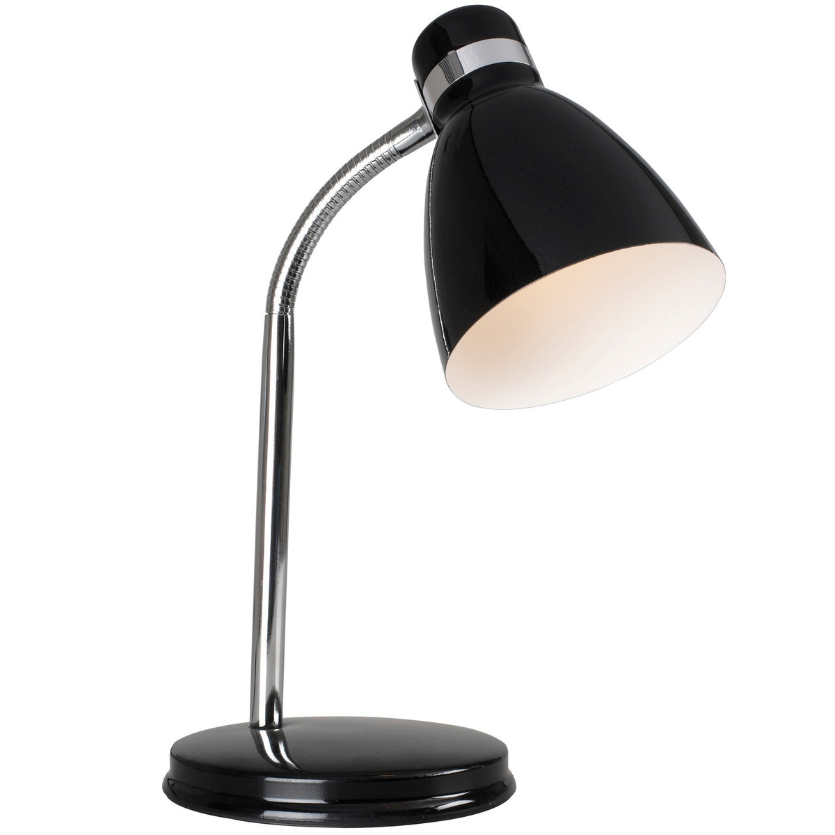 Lampe à poser noire de profil sur fond blanc, bras chromé flexible.