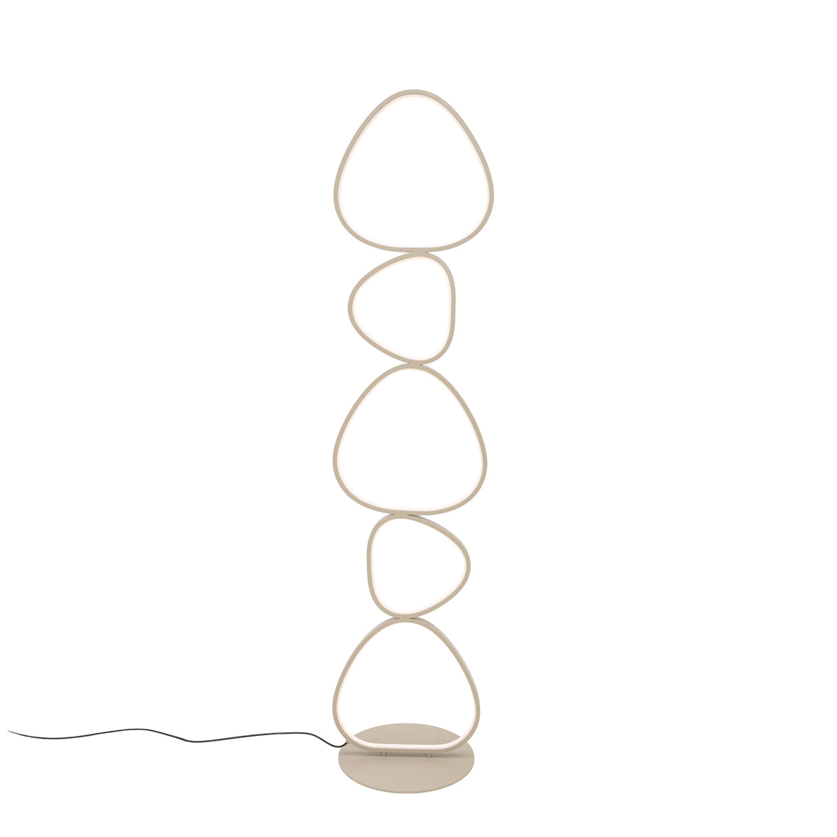 Lampadaire beige éteint, cinq anneaux lumineux empilés sur une base ronde.