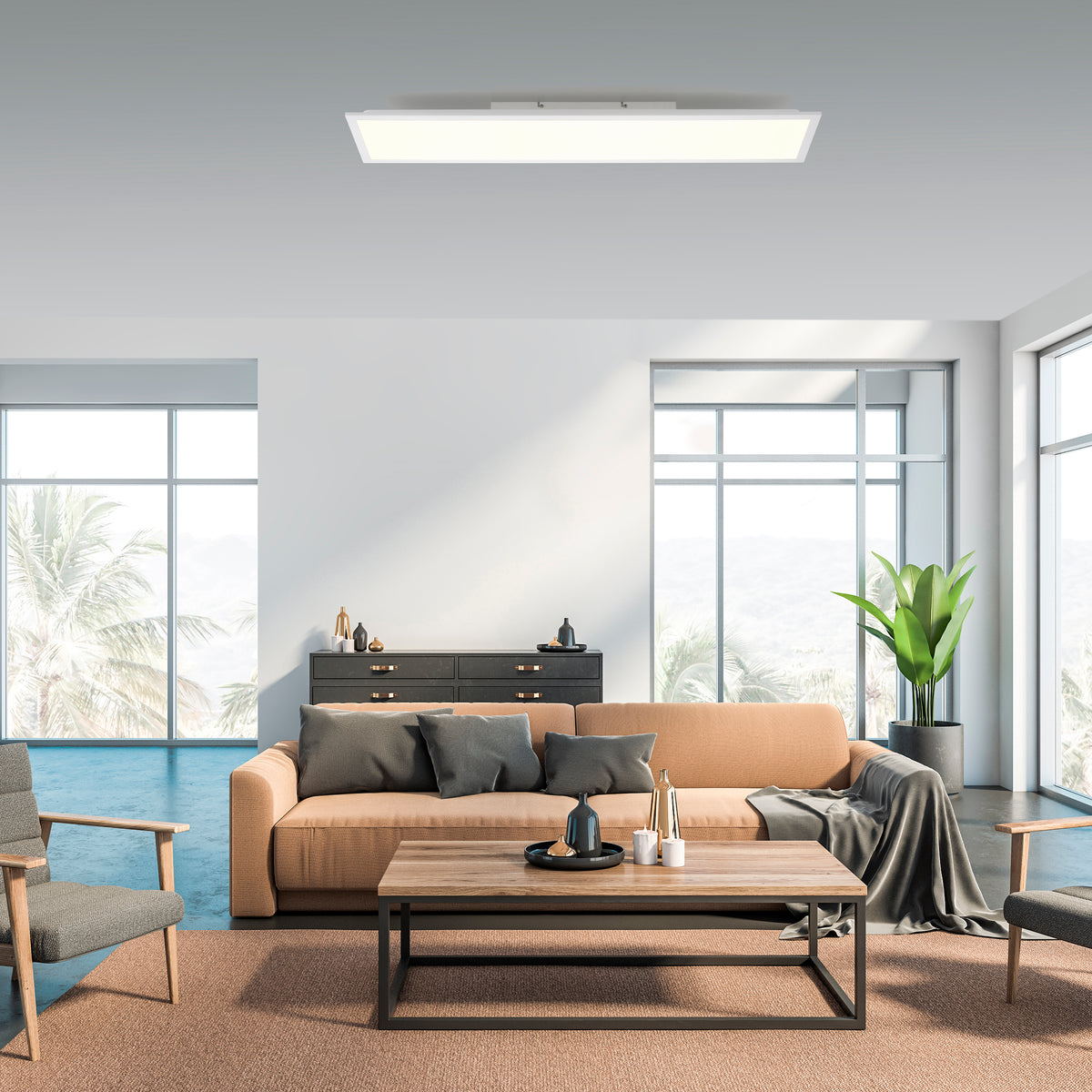 Mise en ambiance du plafonnier blanc fixé au plafond d'un salon contemporain lumineux