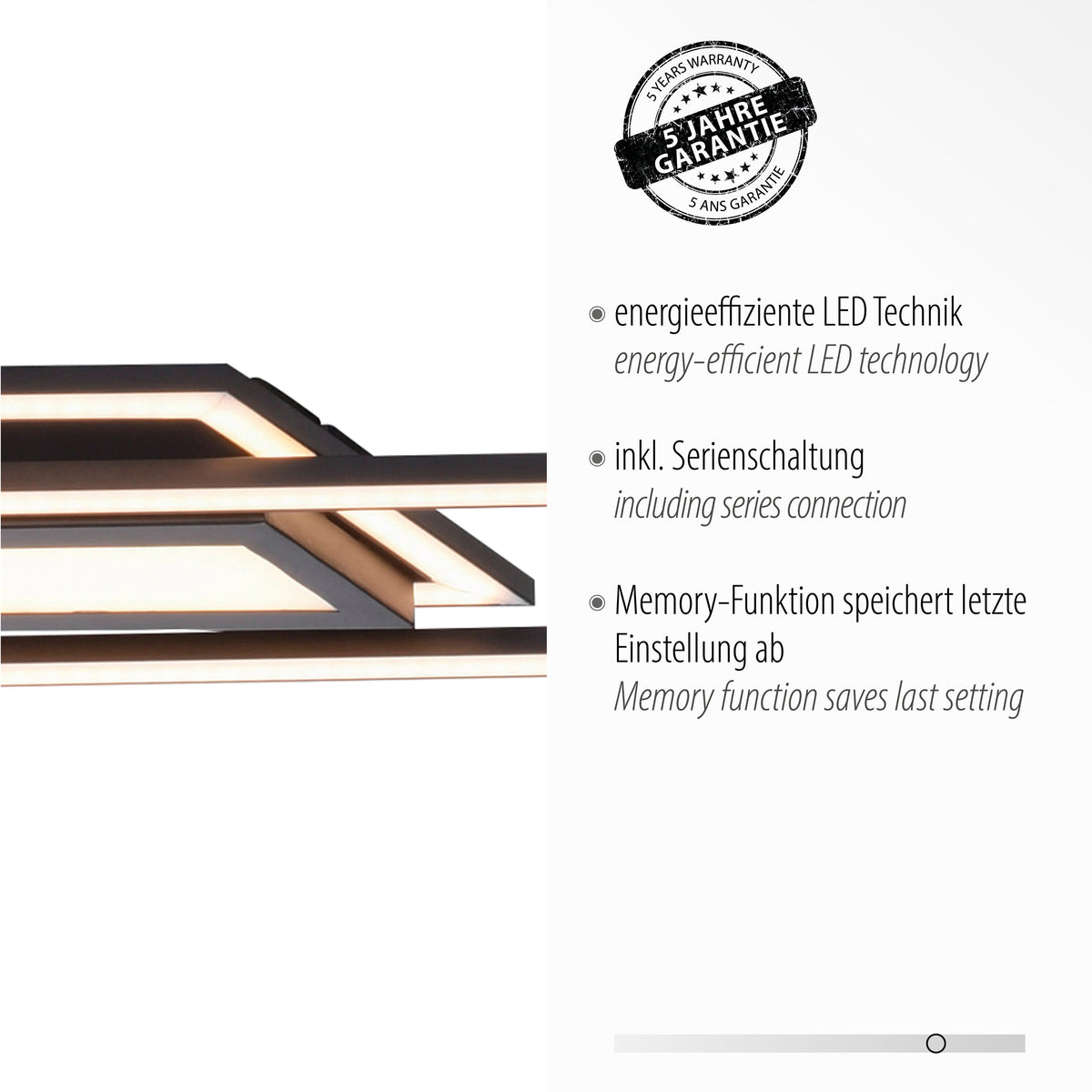 Détail de la finition noire et du bandeau LED, avec mentions garantie et efficacité énergétique.