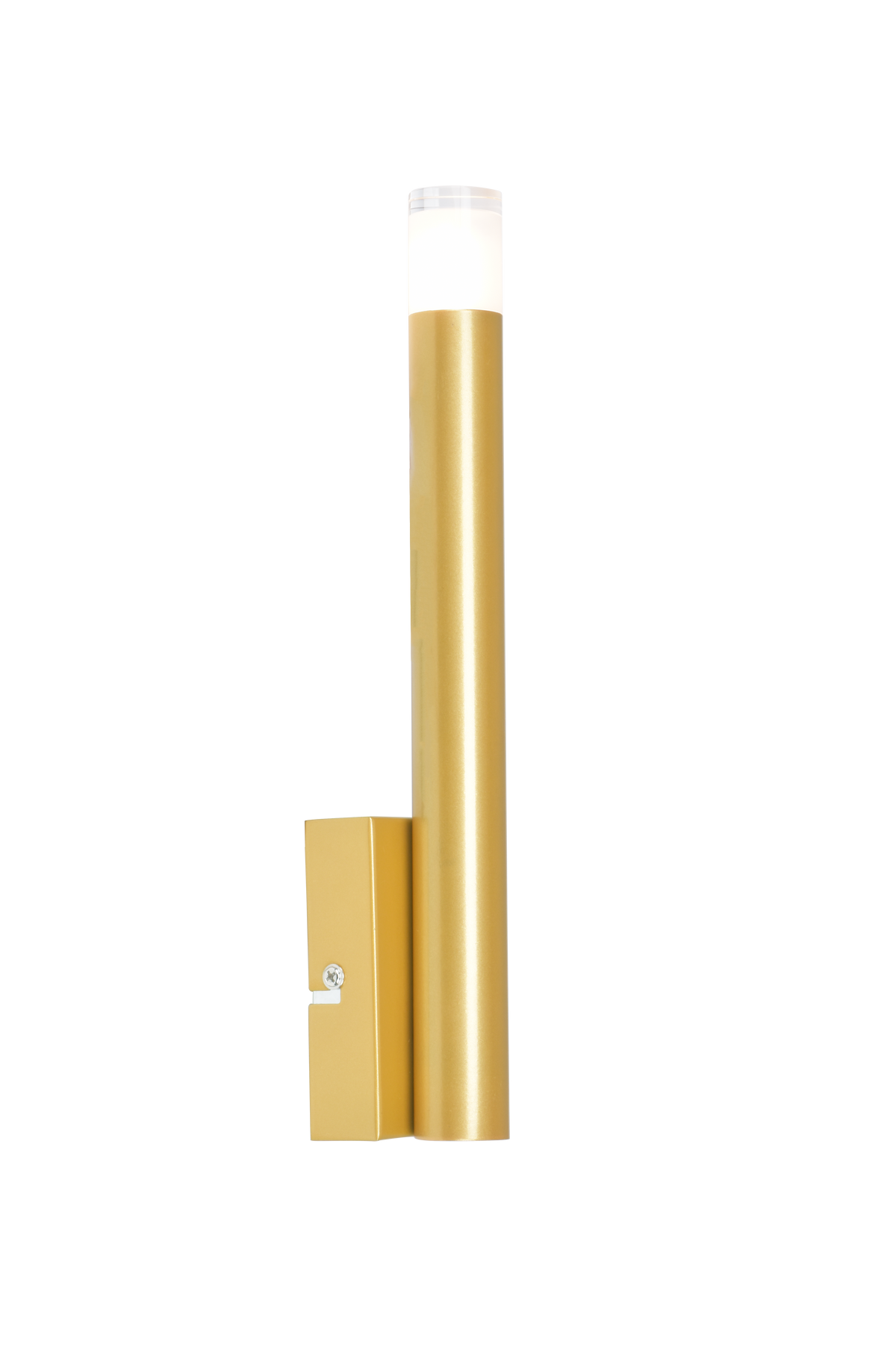 Applique murale dorée, long tube cylindrique vertical et diffuseur blanc en partie haute