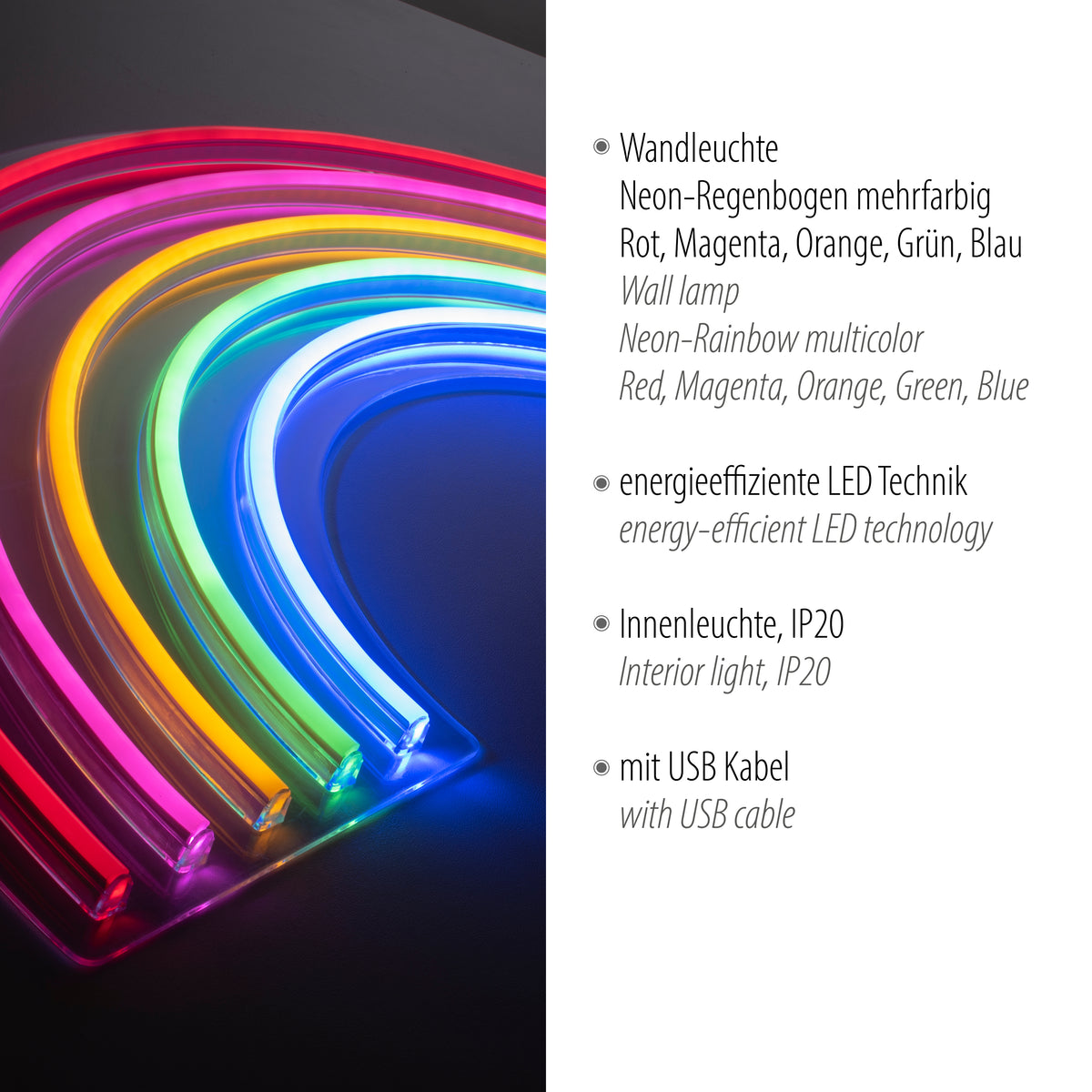 Gros plan incliné des tubes néon multicolores avec texte technique sur la consommation LED.