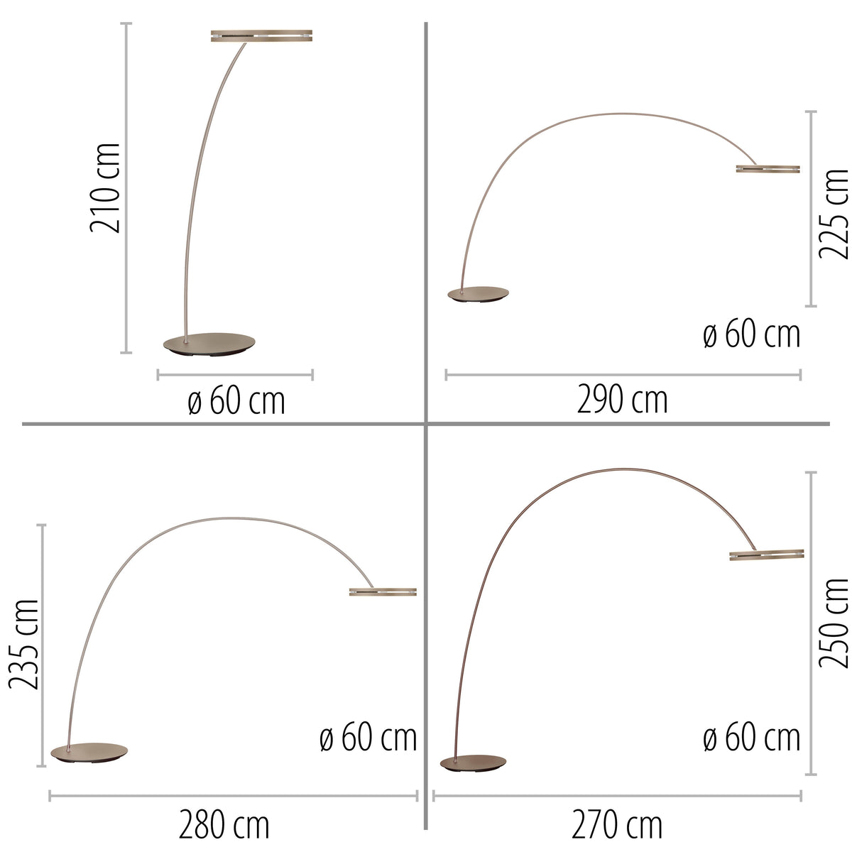 Schéma coté des quatre configurations : hauteurs de 210 à 250 cm et portée jusqu'à 290 cm.