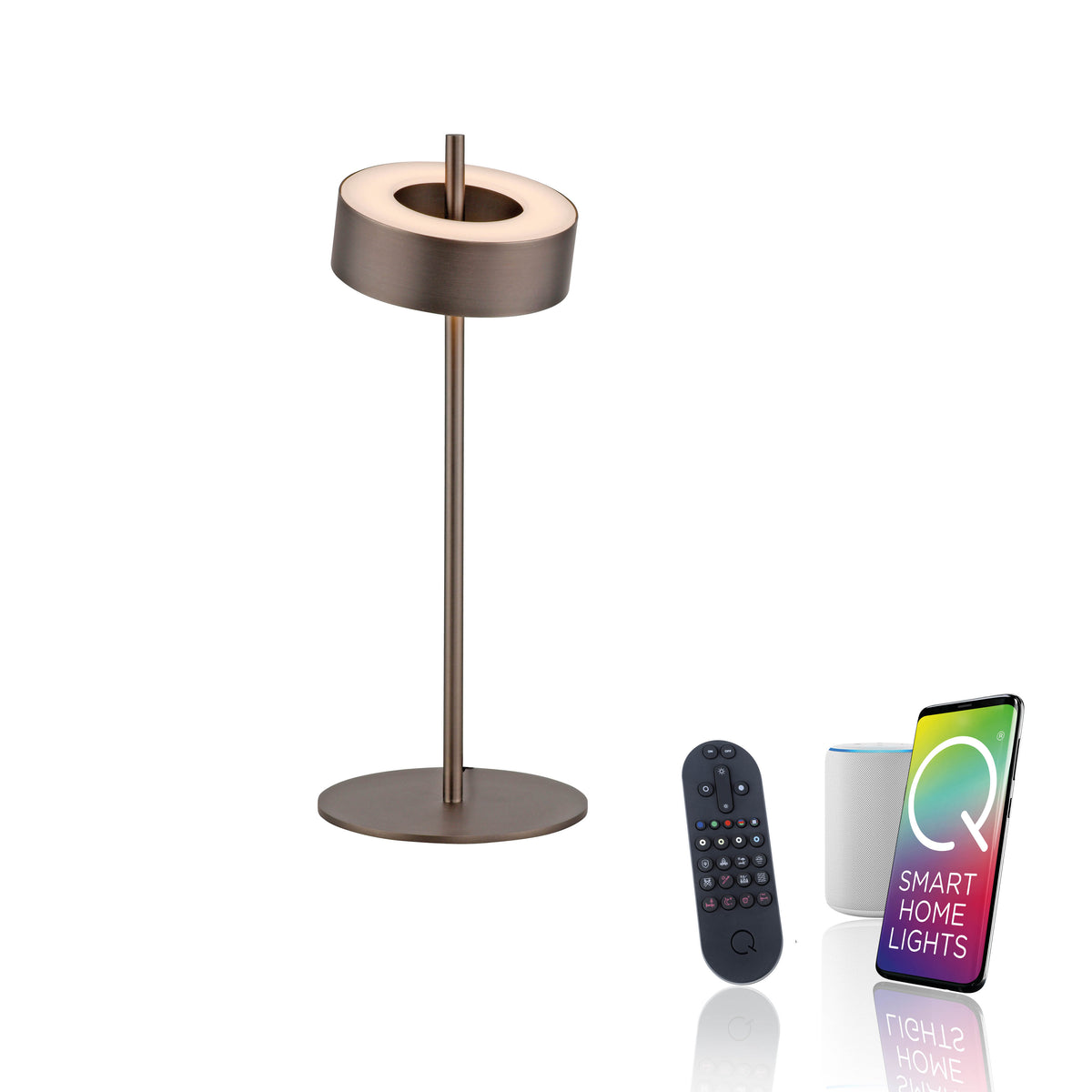 Lampe présentée avec télécommande, enceinte connectée et application de contrôle sur smartphone