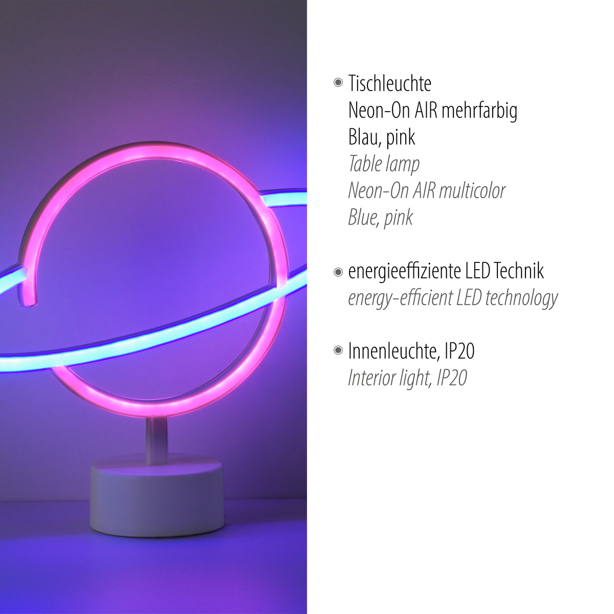 Fiche produit avec texte allemand et anglais, lampe de table multicolore