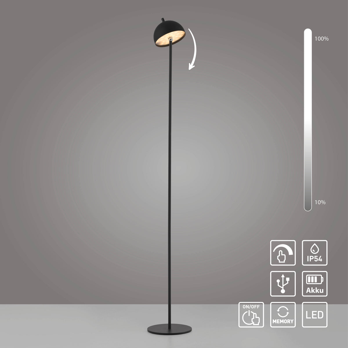 Lampadaire noir avec flèche de rotation, variateur 100-10%, icônes IP54, USB, batterie, LED et mémoire.