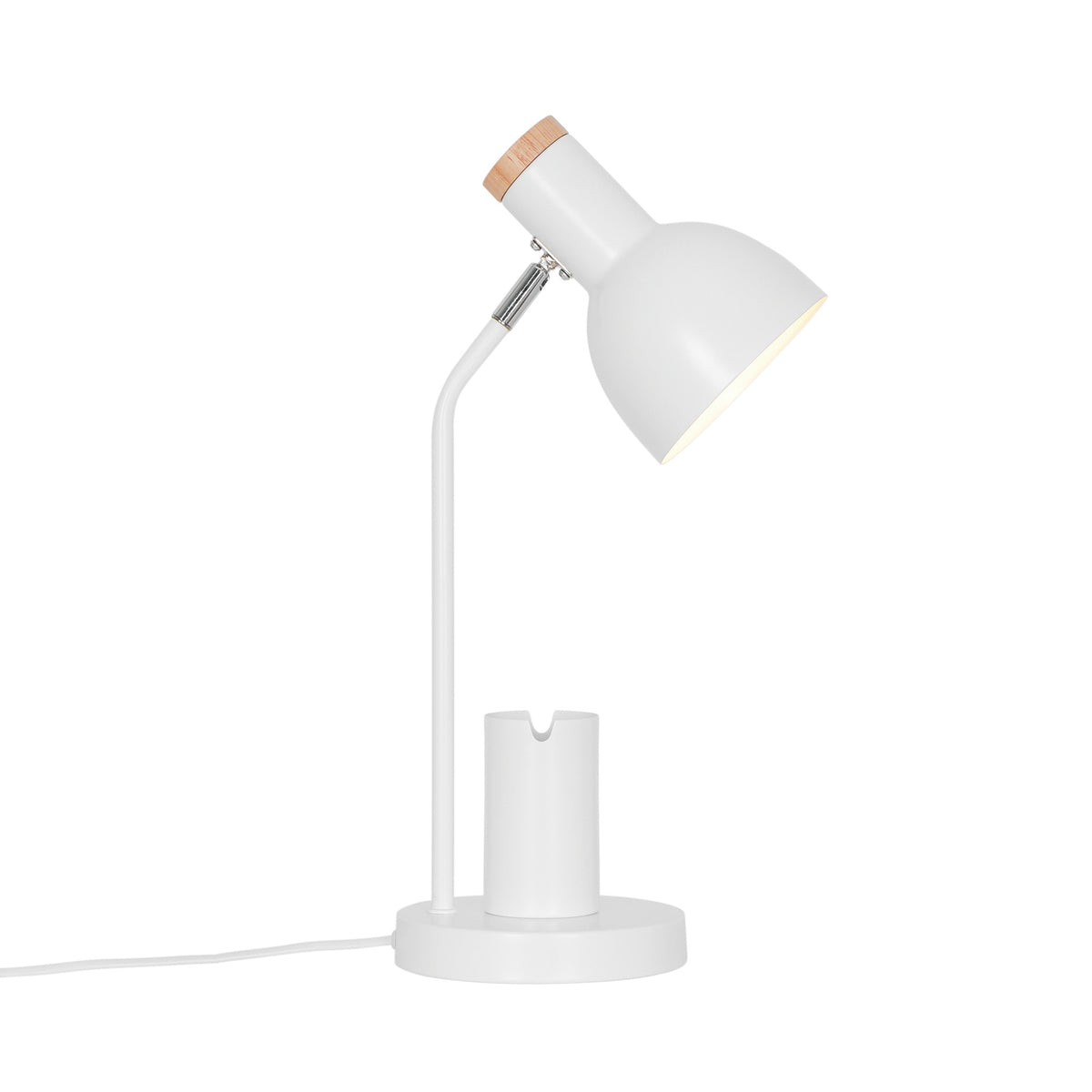 Profil de la lampe à poser, tige fine inclinée et socle rond blanc