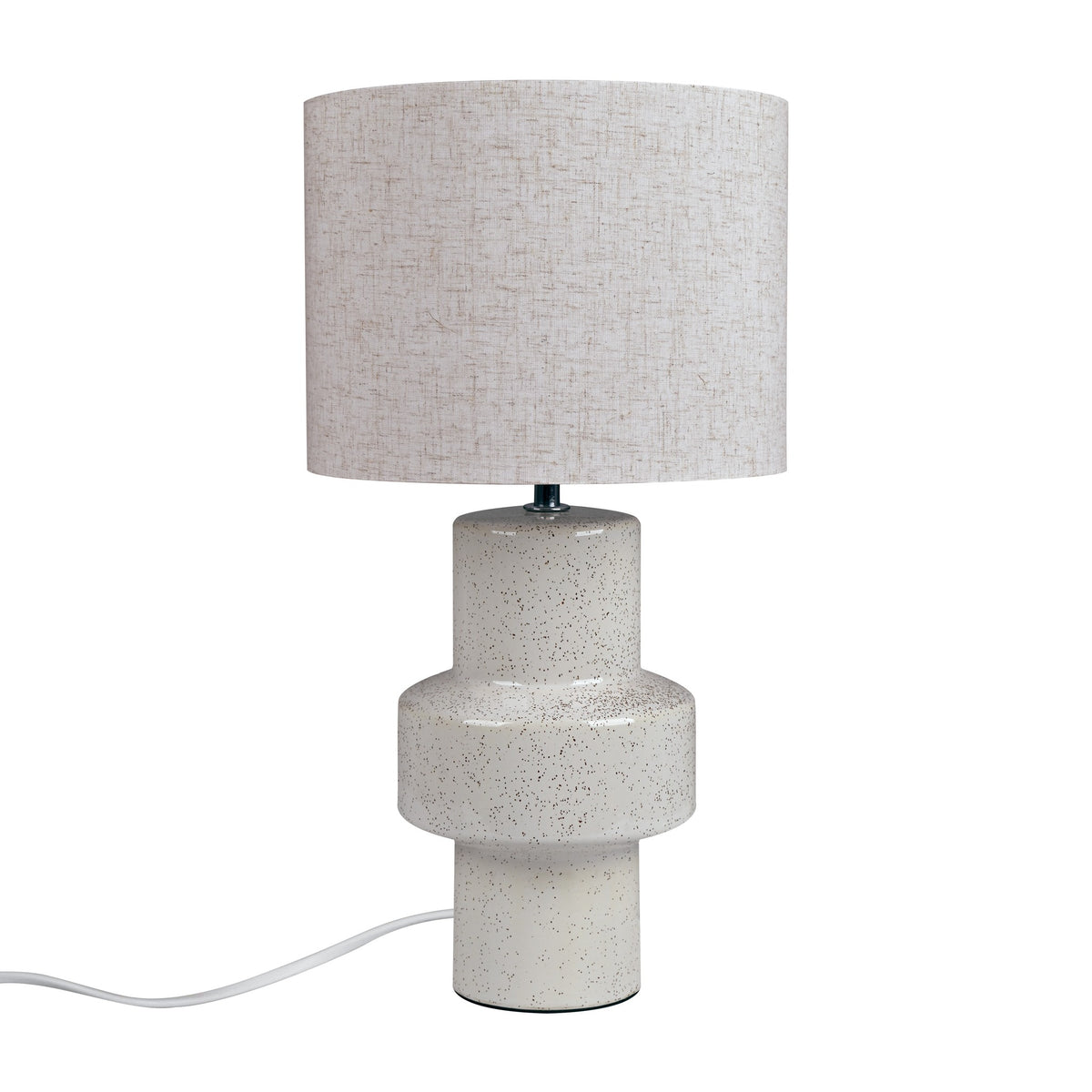 Détail du pied en céramique tachetée, forme cylindrique étagée et brillante