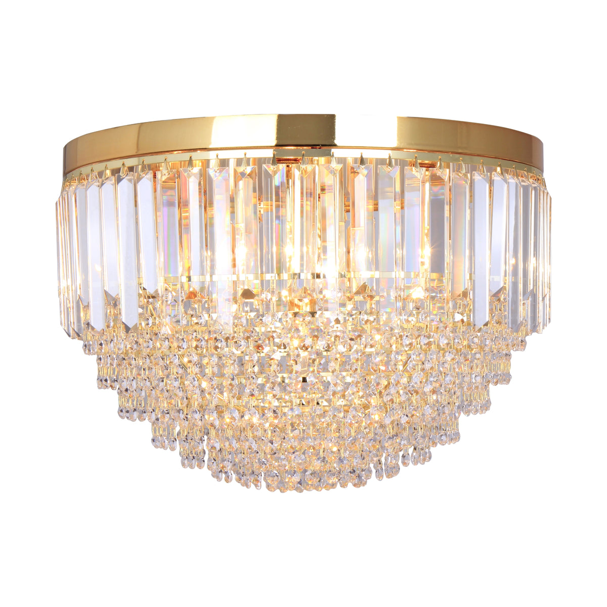 Plafonnier doré à sept lumières avec prismes en verre transparent et cascade de cristaux