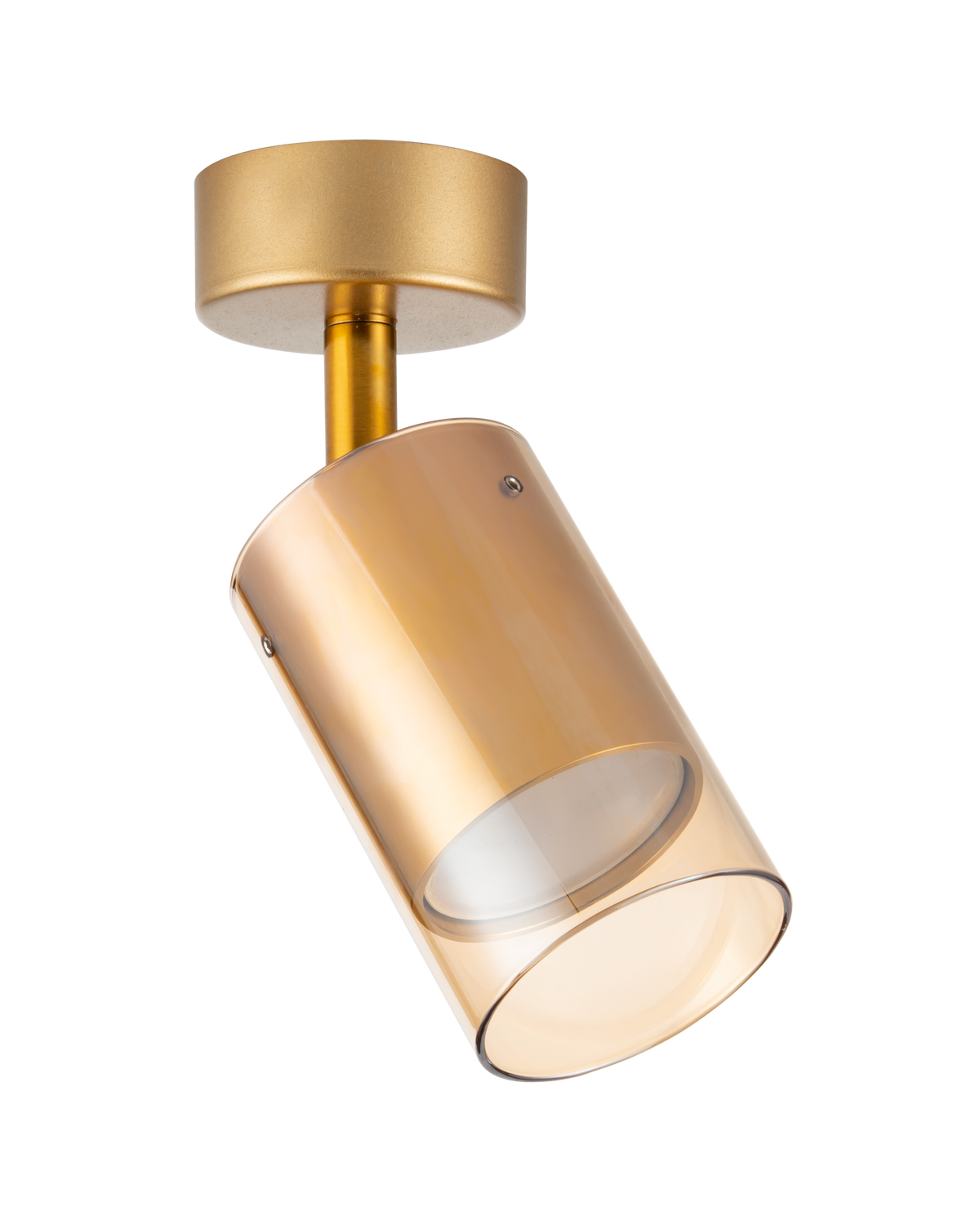 Produit de face, spot doré orientable avec cylindre en verre ambré transparent