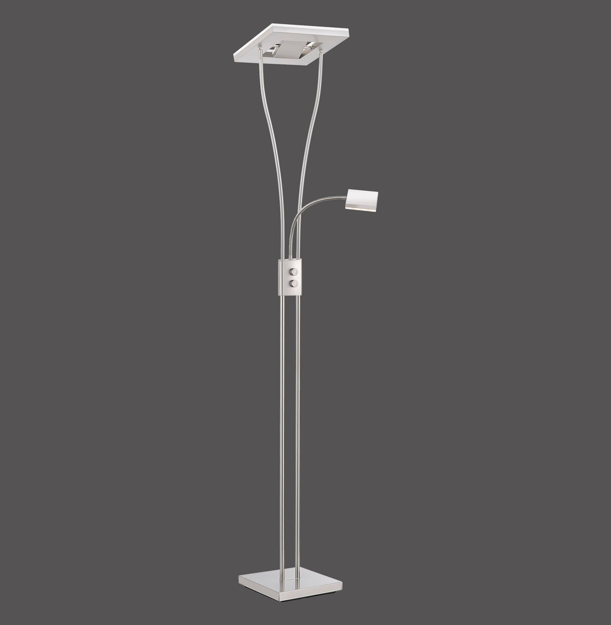 Lampadaire en acier avec bras de lecture, vu de face sur fond gris