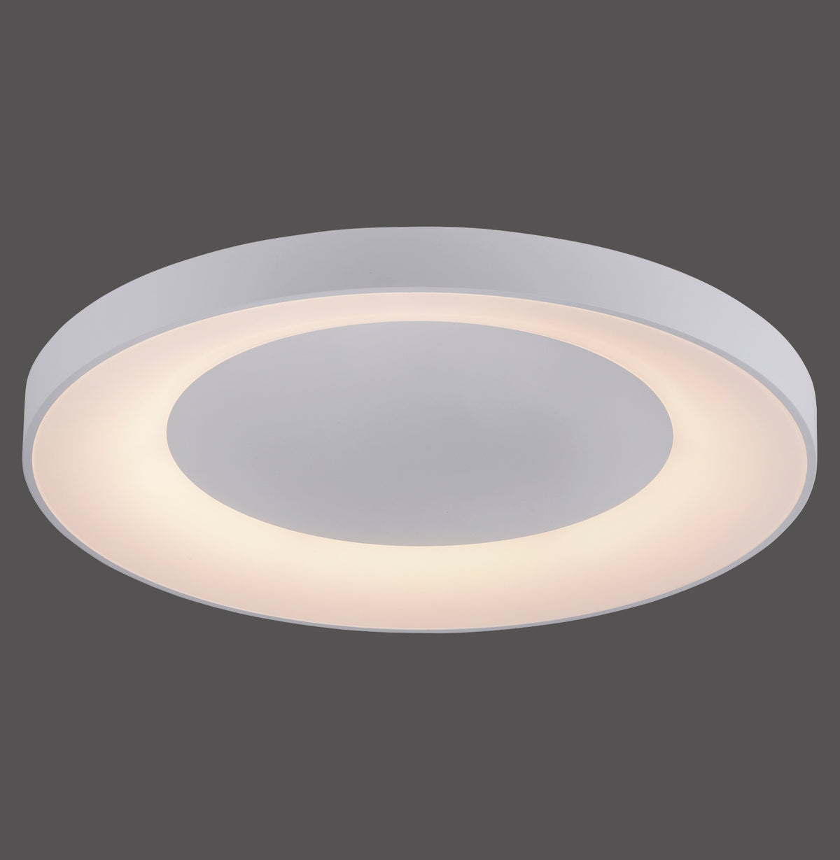 Plafonnier rond blanc vu de dessus, anneau lumineux diffusant sur fond gris