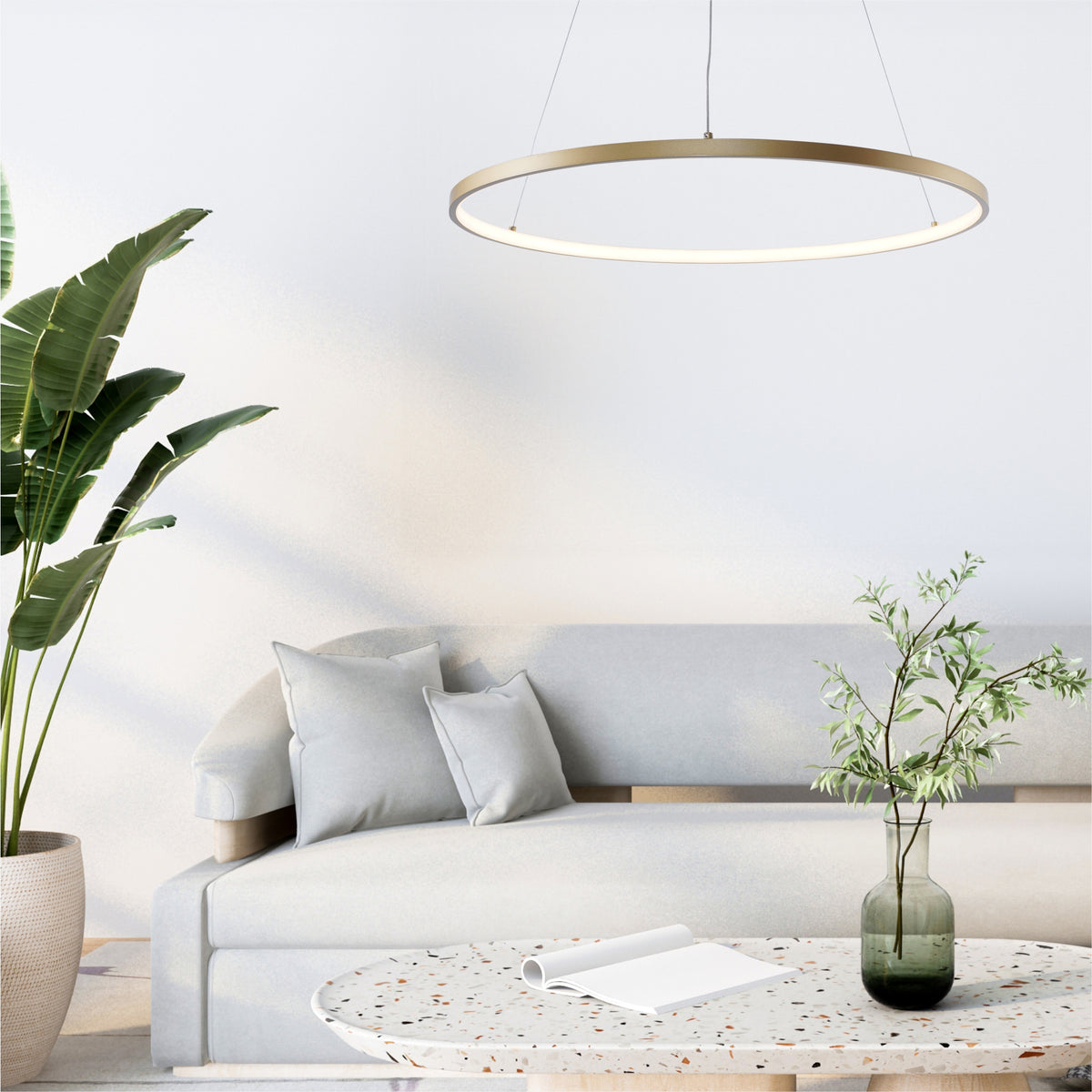 Mise en ambiance salon épuré avec suspension anneau doré, canapé gris et grande plante verte.