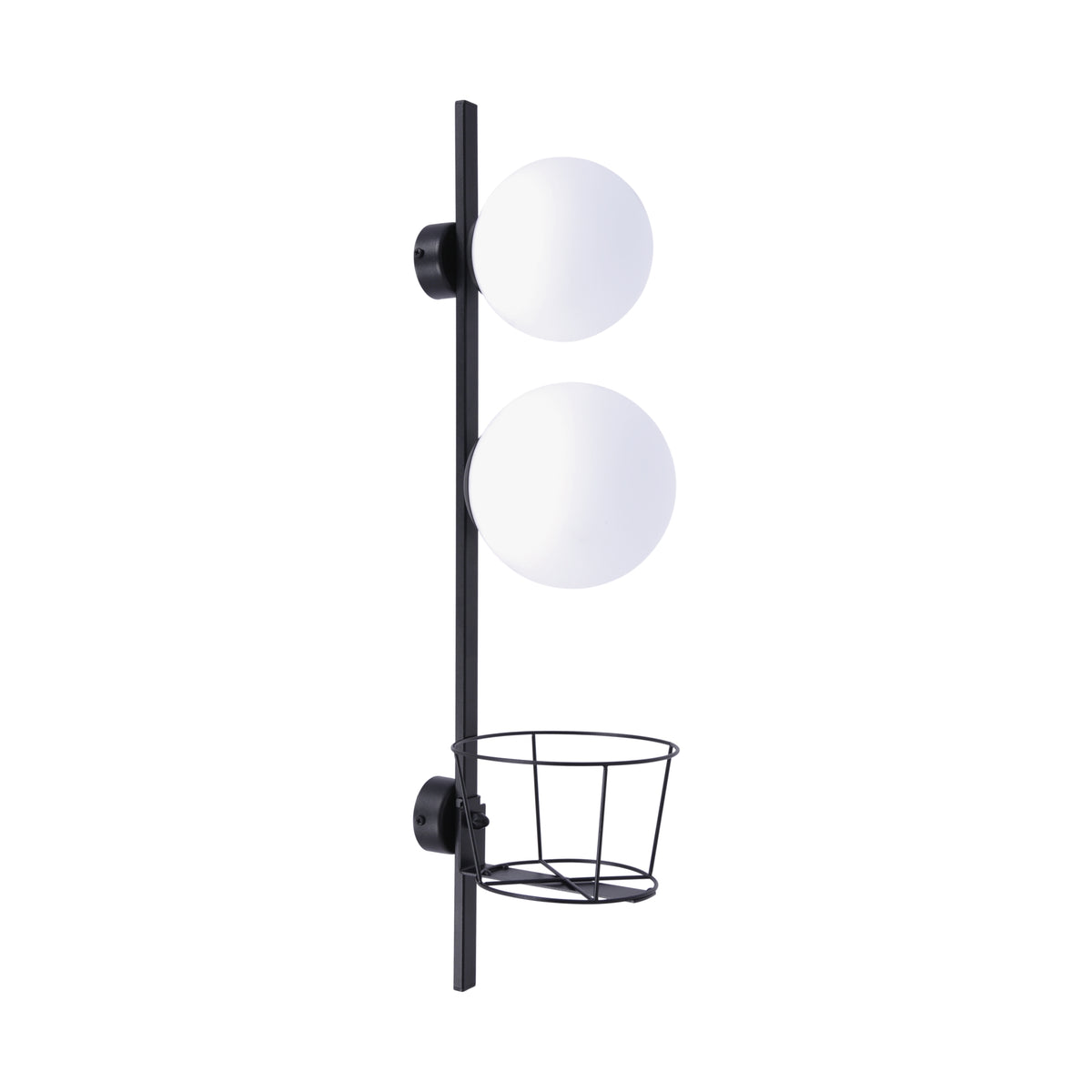Applique murale noire avec deux globes en verre et panier métallique vide
