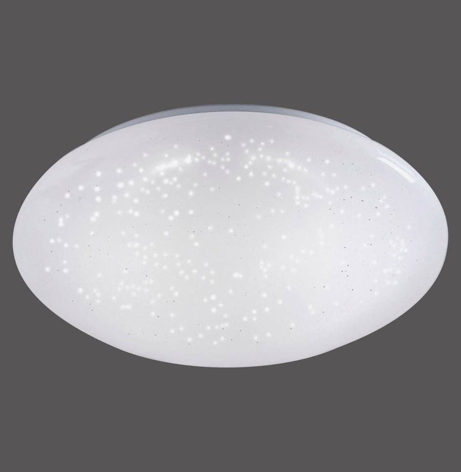 Vue de face du plafonnier blanc ovale sur fond gris, effet étoilé