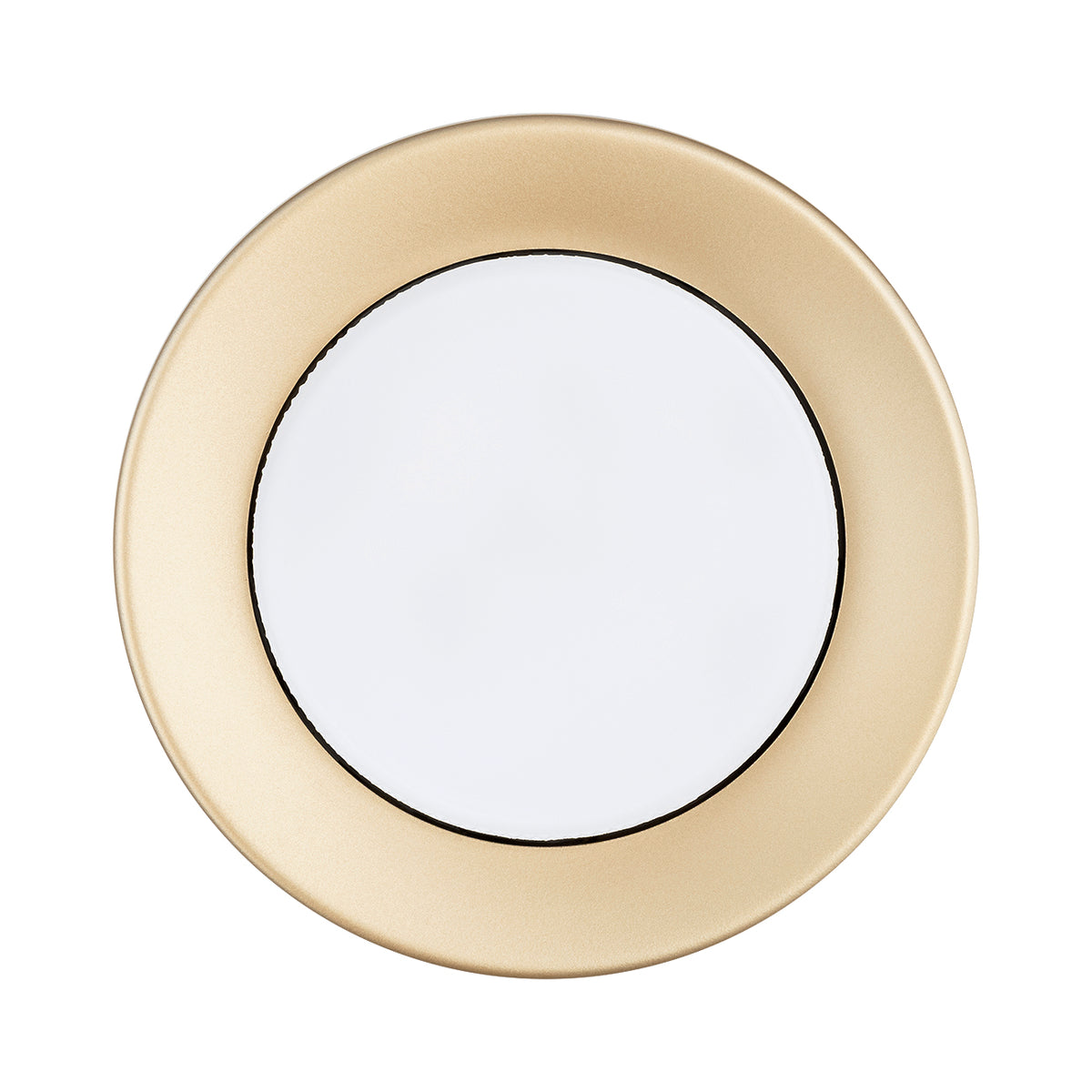 Vue du dessous du plafonnier doré, cercle lumineux blanc au centre