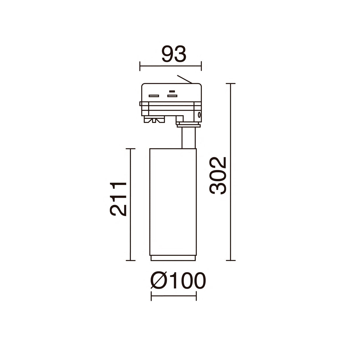 Schéma coté du spot, hauteur totale 302 mm et diamètre 100 mm.