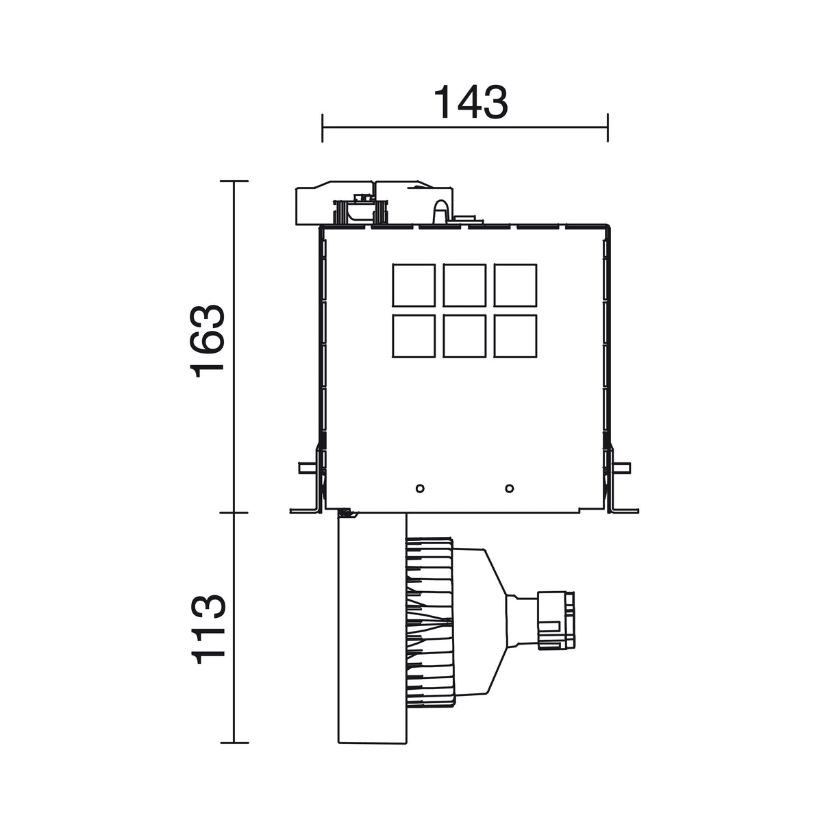 Schéma technique coté du spot : largeur 143 mm, hauteur 163 mm et profondeur 113 mm.