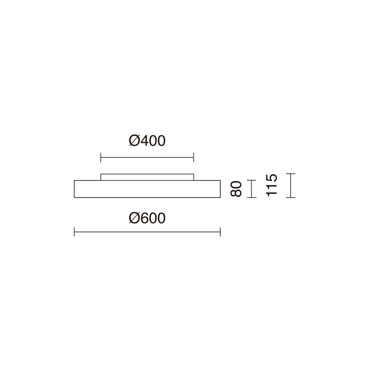 Schéma technique côté du plafonnier, diamètres 400 et 600 mm et hauteurs 80 et 115 mm.