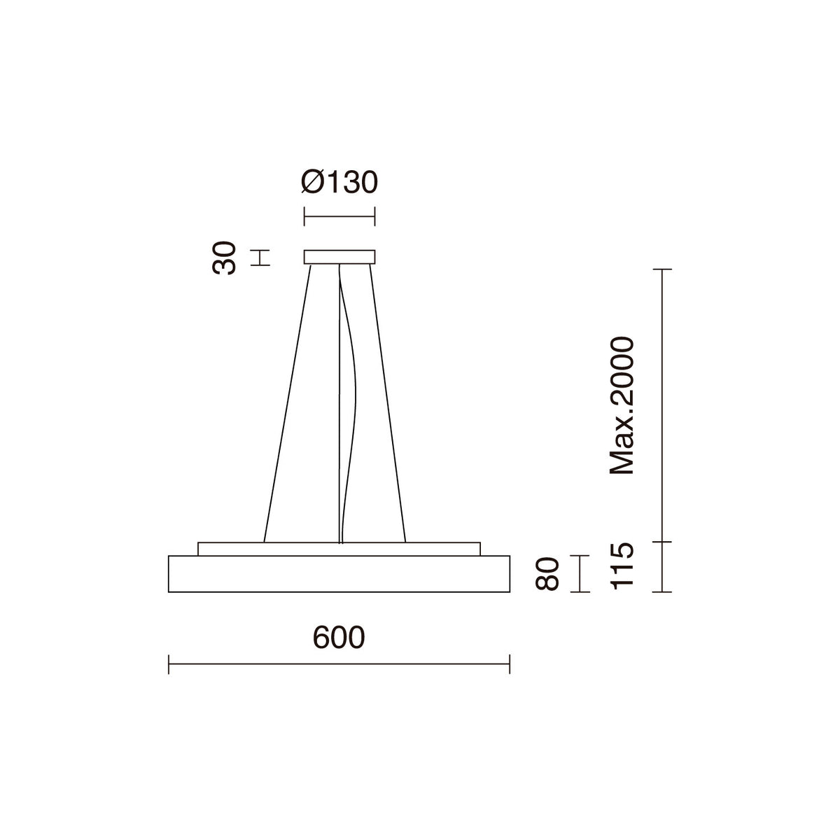 Schéma technique coté : diamètre 600 mm, hauteur 115 mm et suspension réglable