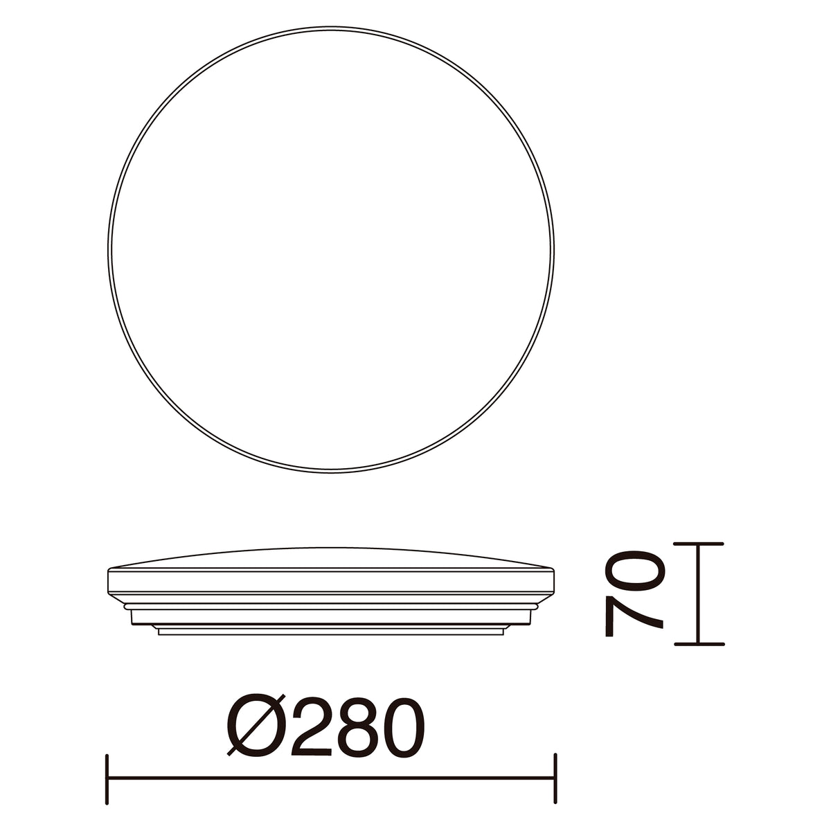 Schéma technique coté : diamètre 280 mm et hauteur 70 mm du plafonnier.