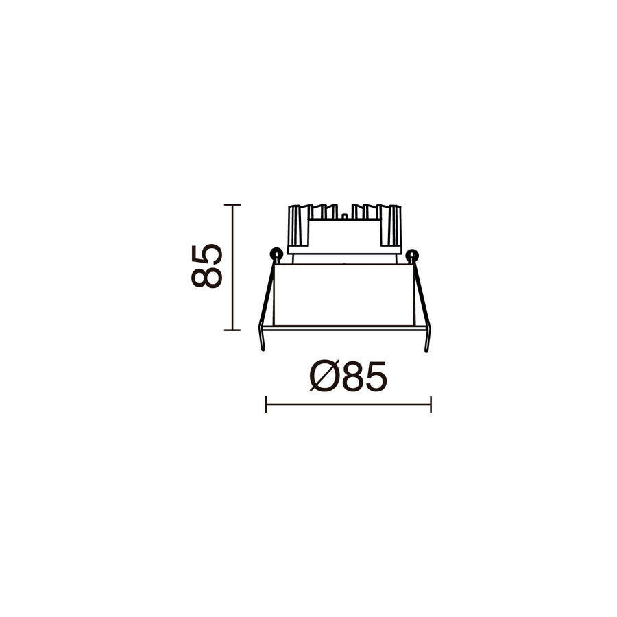 Schéma de dimensions du spot rond : diamètre 85 mm et hauteur 85 mm