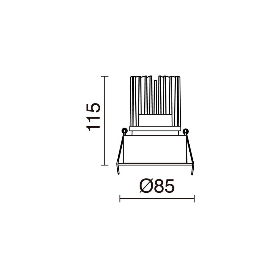 Schéma technique de profil côté : diamètre 85 mm et hauteur 115 mm