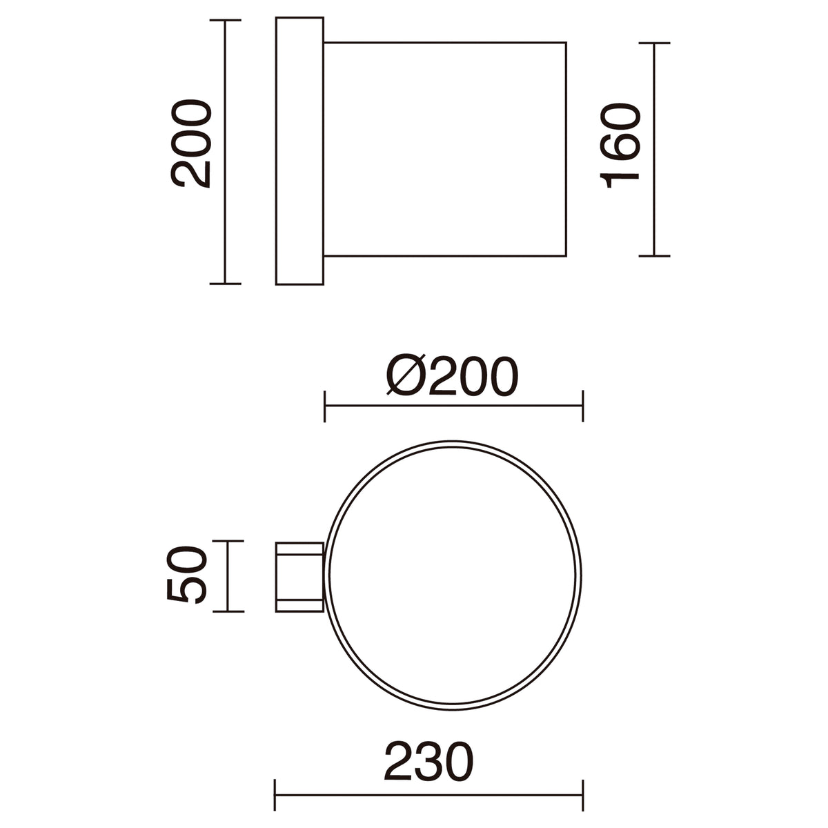Schéma de dimensions coté, diamètre 200 mm, hauteur 160 et profondeur 230 mm.