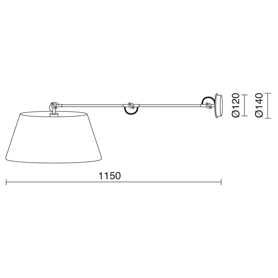 Schéma technique coté : longueur 1150 mm, diamètres 120 et 140 mm, vue de profil de l'applique.