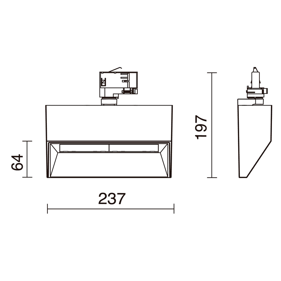 Schéma de dimensions du spot : largeur 237 mm, hauteur 197 mm, vue de face et profil.