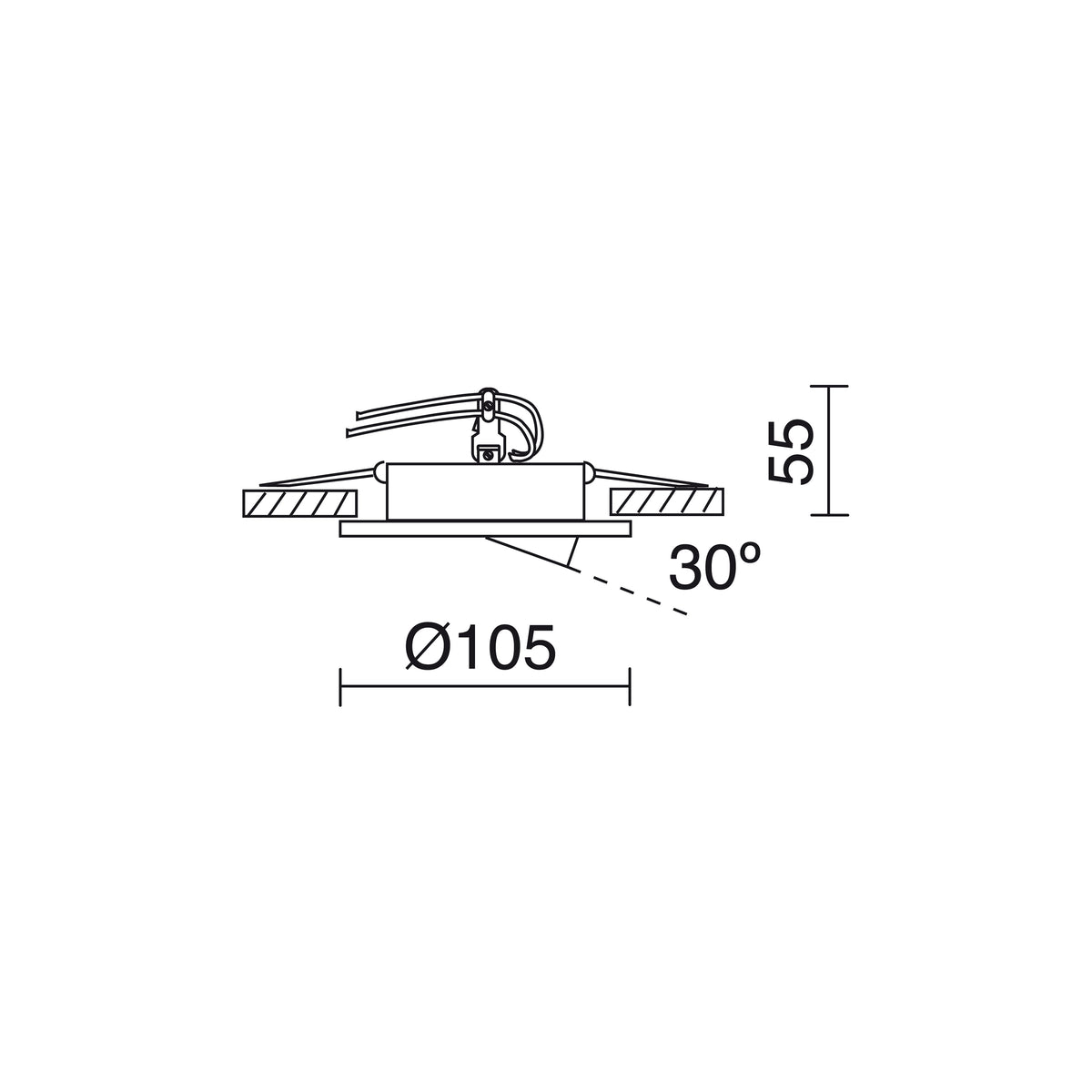 Schéma technique coté montrant diamètre 105 mm, hauteur 55 mm et orientation inclinée à 30 degrés.