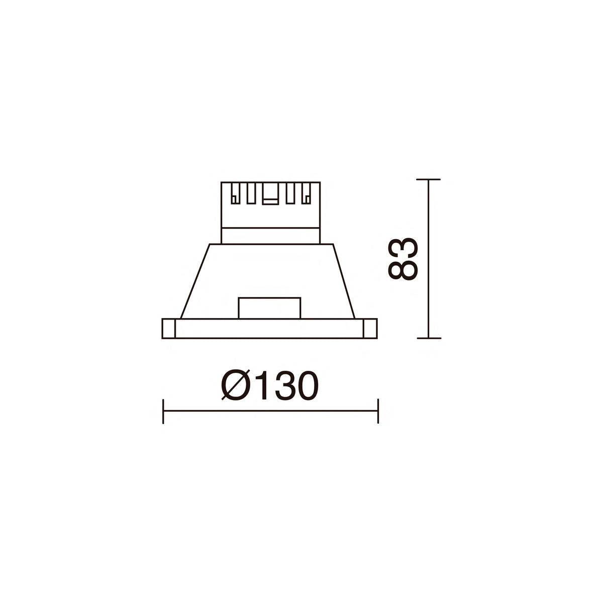 Schéma de dimensions du spot rond, diamètre 130 mm et hauteur 83 mm.