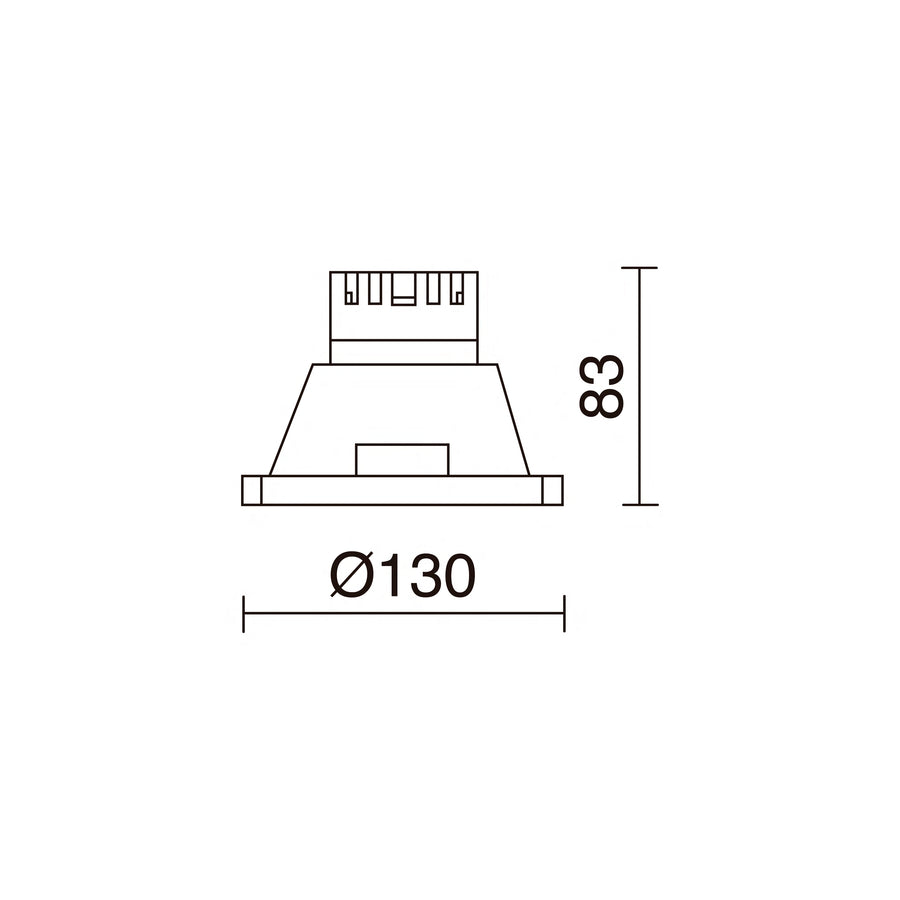 Schéma de dimensions du spot rond, diamètre 130 mm et hauteur 83 mm.